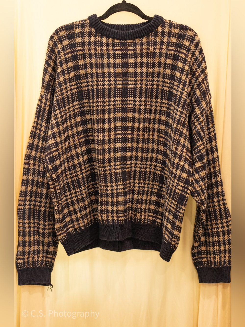Vintage Trader Bay Navy and Tan Plaid Crewneck Sweater